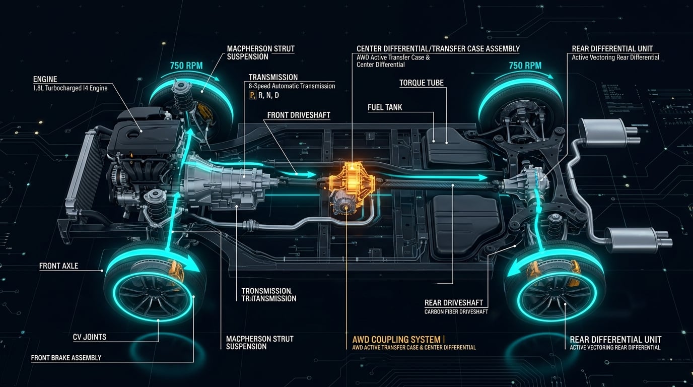 All-Wheel Drive chassis drivetrain schematic illustrating center differential transfer case assembly, front and rear driveshafts, and rotational speed RPM sync across staggered tire diameters