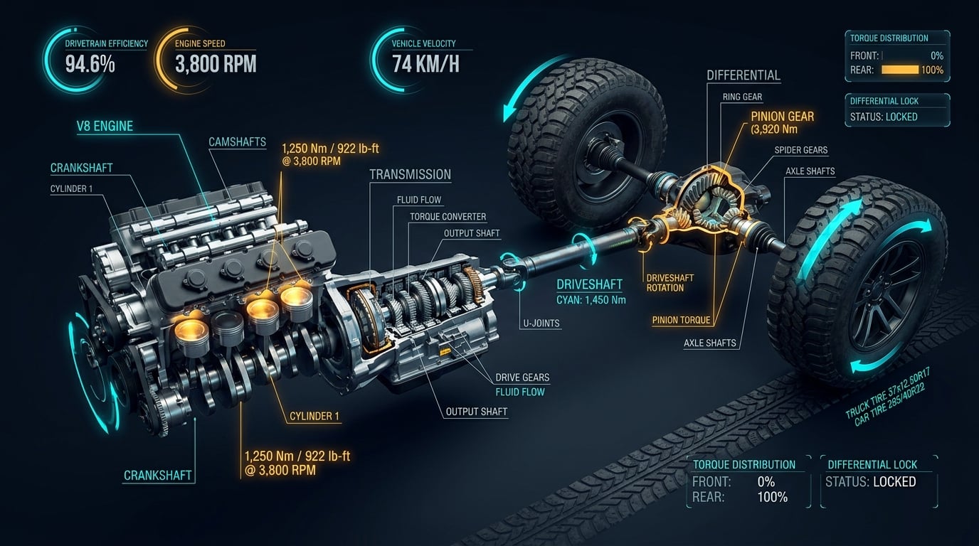 Automotive powertrain schematic cutaway illustrating engine crankshaft torque, transmission gearset, driveshaft, and rear differential ring and pinion gear turning oversized tires