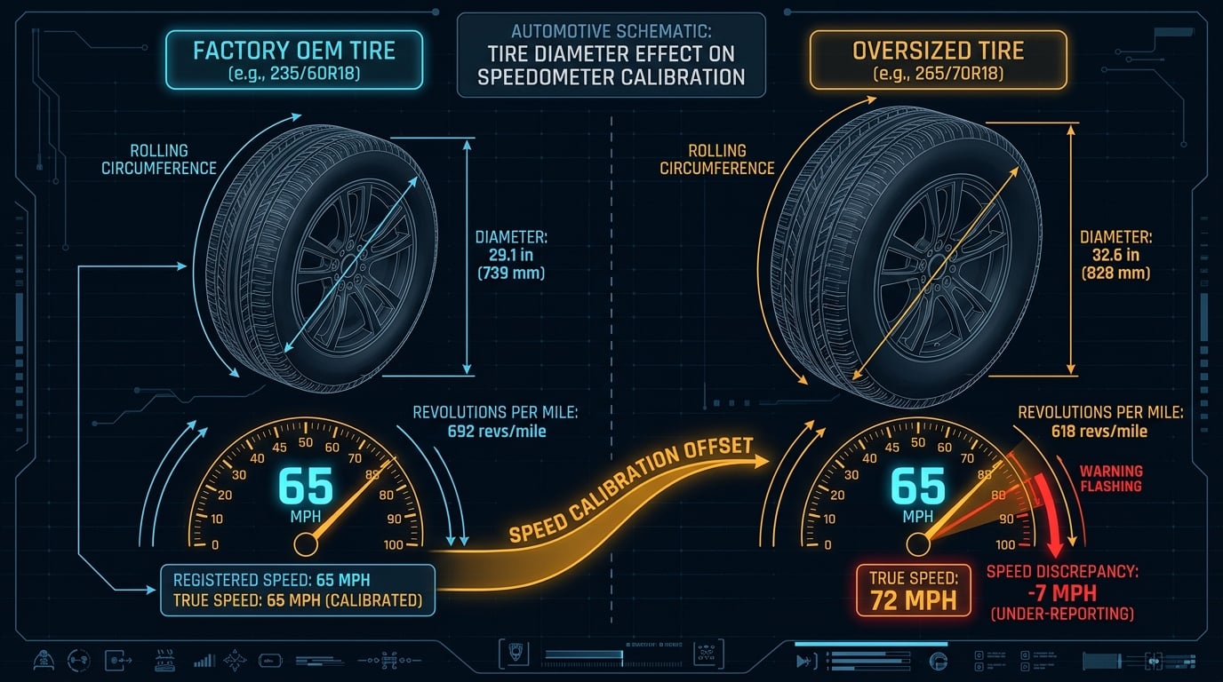 Automotive speedometer calibration schematic illustrating tire diameter discrepancy between factory OEM tire and oversized tire, revolutions per mile delta, and dash registered speed vs true ground speed