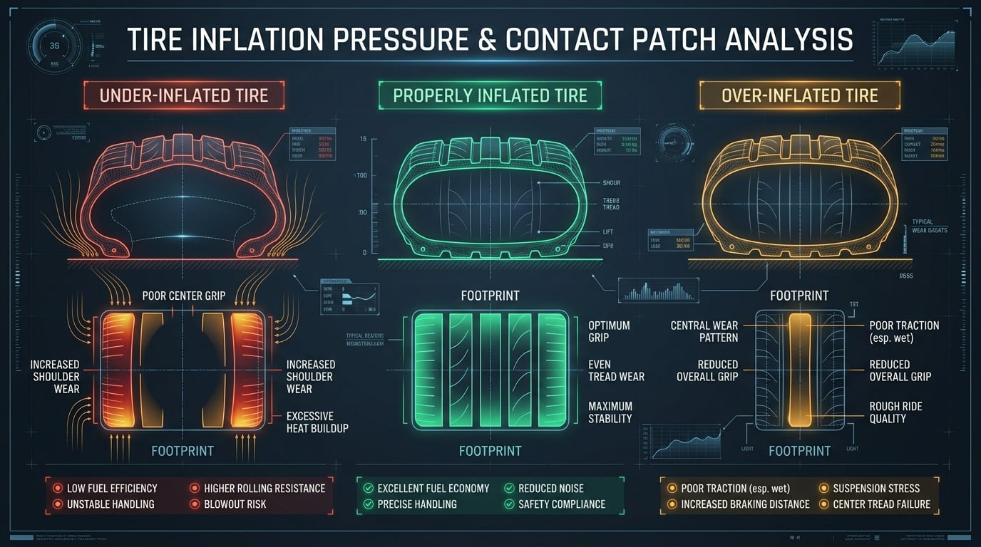 Tire inflation contact patch pressure infographic comparing under-inflated shoulder wear, properly inflated uniform patch, and over-inflated center crowned wear